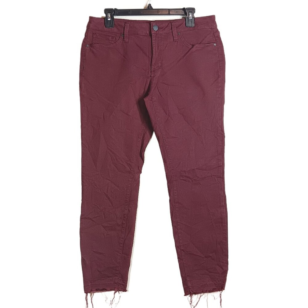A.N.A Skinny Crop Jeans Womens 12 Burgundy Mid Rise Raw Hem Boho Stretch Denim